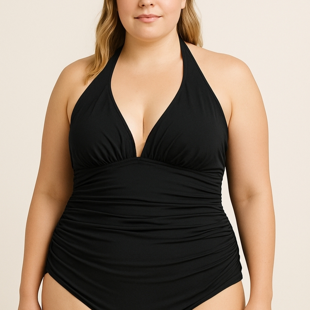 Michael Kors Black Halter One-Piece Swimsuit with Ruched Detail
